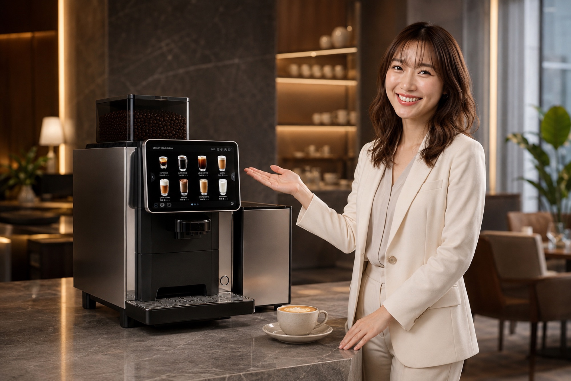 An automatic coffee machine installed in a hotel lobby, with a member of staff presenting the drink menu