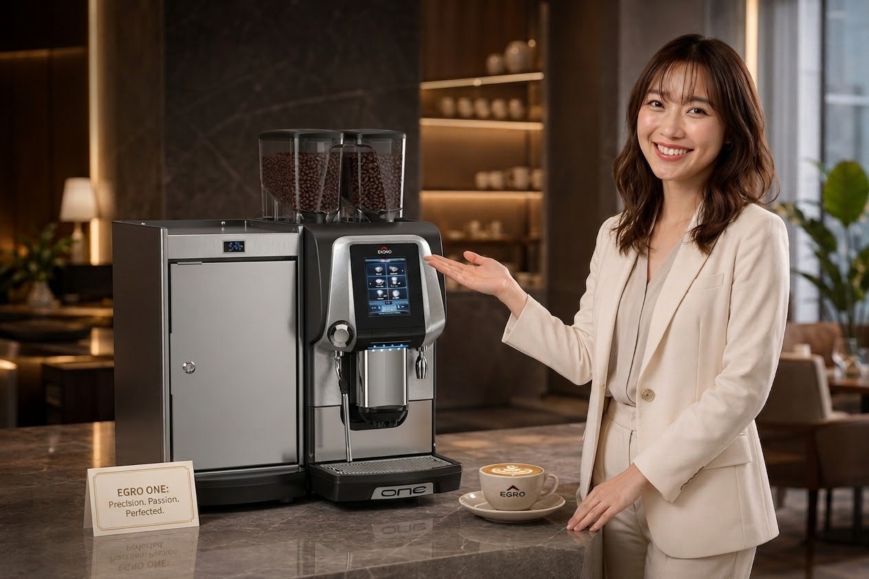 An Egro One fully automatic coffee machine with its fridge unit on a hotel lobby counter, presented alongside a finished cappuccino