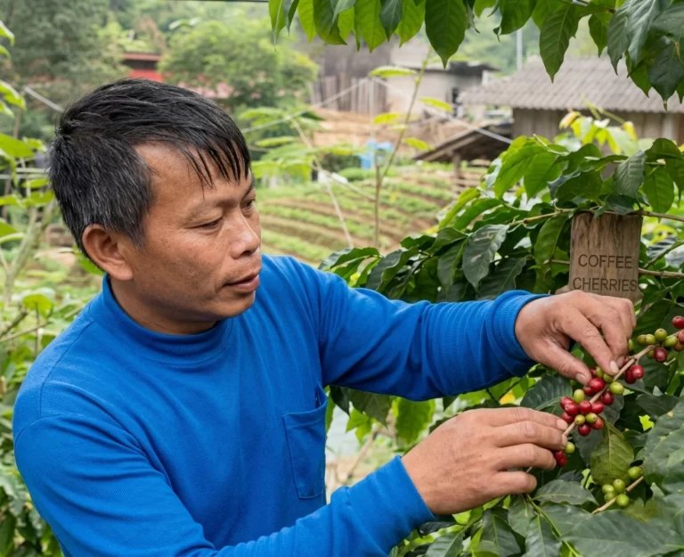 A coffee grower checking ripening cherries on the branch at a highland farm in Northern Thailand